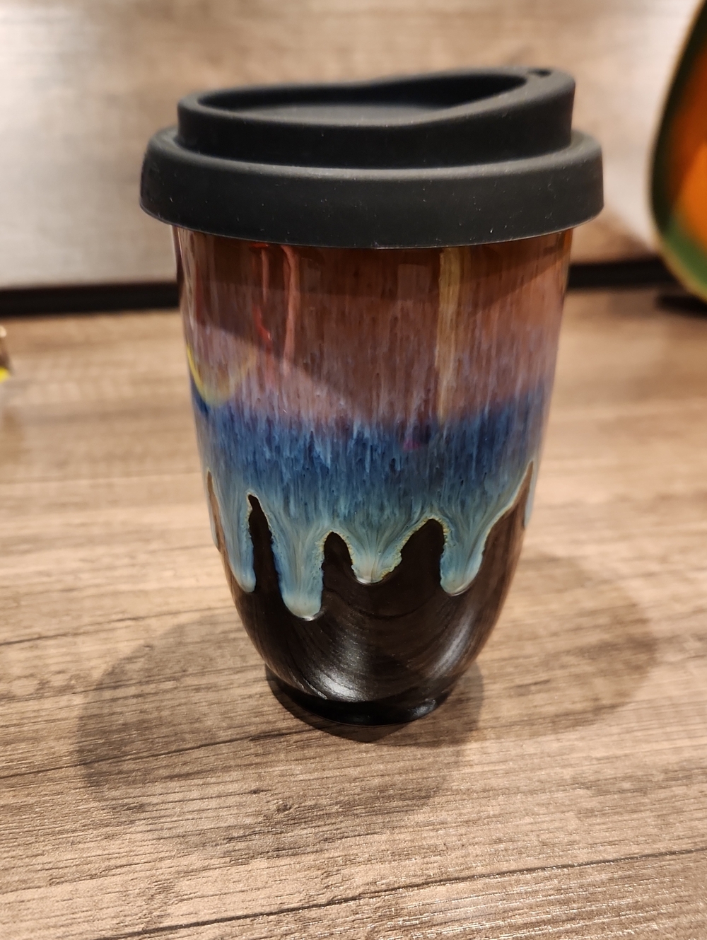 Like New Glazed Ceramic Travel Mug with Black Lid Blue & Brown Drip Finish 10 Oz